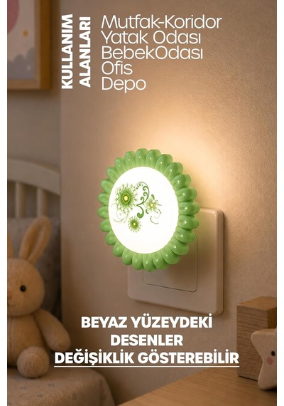 Çiçek Figürlü Gece Lambası On/off Tuşlu Koridor Hol Işığı Uyuma Işığı Yeşil Gc09 Diğer