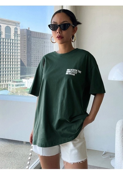 Cheerish Effect T-shirt - Yeşil Oversize Baskılı Bisiklet Yaka Yeşil