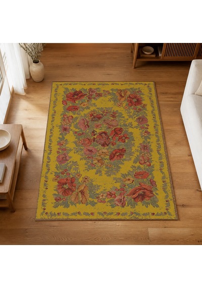 Kartela Halı Karabağ Halı Jüt Taban Dokuma Halı Hardal Sarısı - 80 X 120 Cm