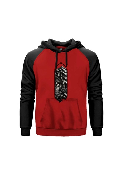 Bozkurt Gizemli Bakış Kırmızı Renk Reglan Kol Sweatshirt Kapşonlu
