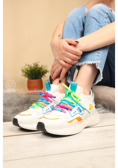 Guja Renkli Bağcıklı Triko Unisex Spor Ayakkabı Beyaz-Beyaz