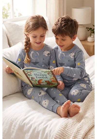 Zuzunga Unisex Mavi Ay Ve Kuzu Desenli Uzun Kollu Pijama Takımı Buz Mavi