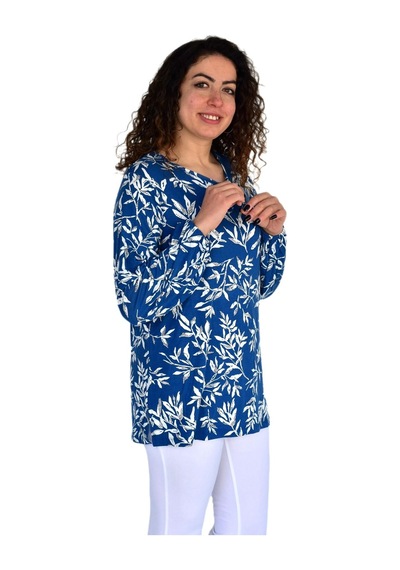 Kadın Yaprak Desen Baskılı Viscon Bluz Bgl-st04288 İndigo