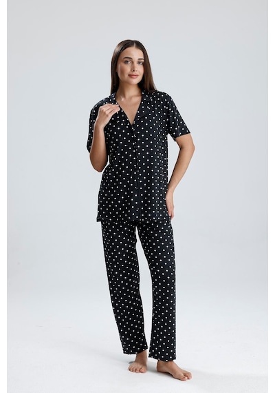 Kompedan Kadın Puantiye Desen Önden Düğmeli Pijama Takım Siyah P. Siyah