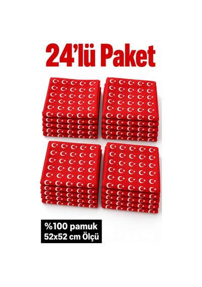 Herşeynota 24 Lü Ay Yıldız Desenli Kırmızı %100 Pamuk 52x52 Cm Fular Bandana Seti Çok Renkli