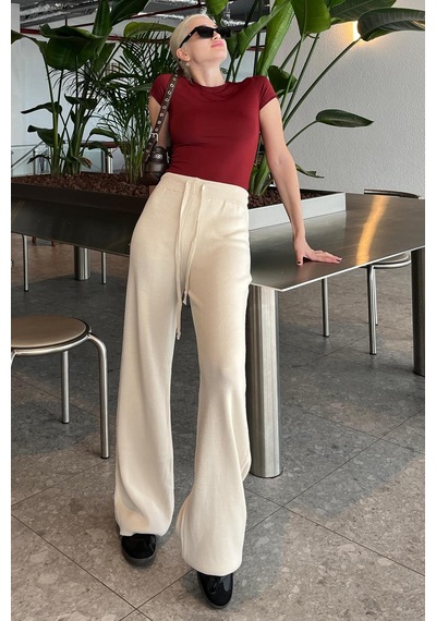 Bej Beli Ayarlanabilir Geniş Paça Pantolon Mg2089 Bej