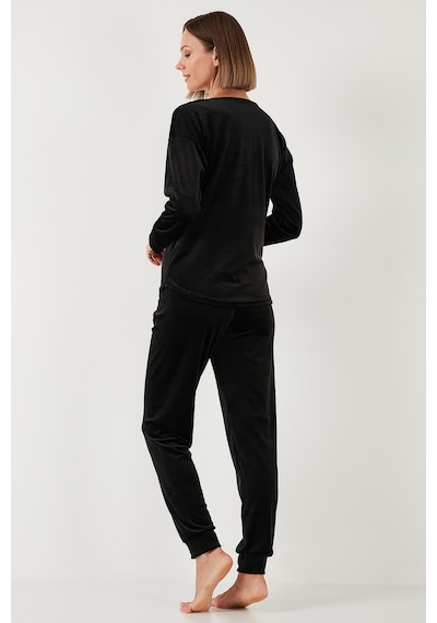 Lela Standart Fit Bisiklet Yaka Yumuşak Kadife Bayan Pijama Takımı 6094201 Siyah