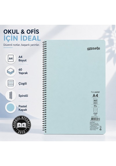 My Note Flex Pastel A4 60 Yaprak 60 Gr Spiralli Çizgili Defter Turkuaz