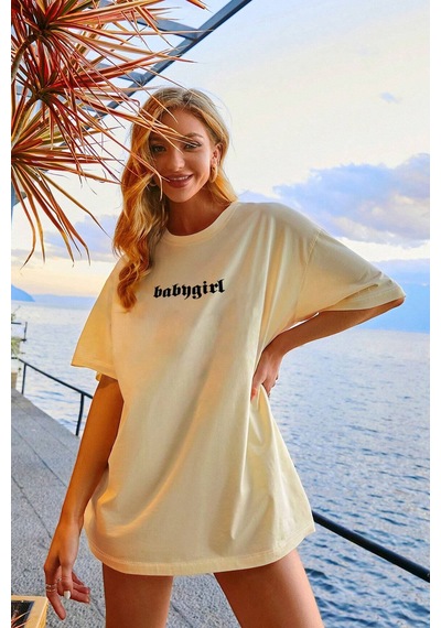 Unisex Babygirl Baskılı Tasarım Tshirt Bej