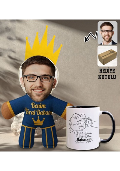 Bk Gift Kişiye Özel Fotoğraflı Kral Babam Tasarımlı Bebek Yastık-2 & Siyah Kupa Bardak  Seti-11, Babalar Günü , Babaya