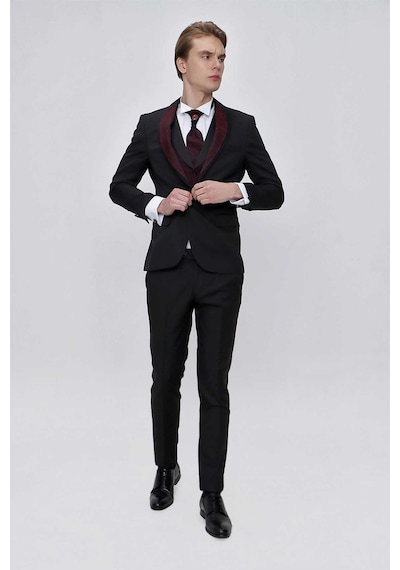 Morven Erkek Siyah Santos Çıkma Yaka Slim Fit Damatlık Siyah