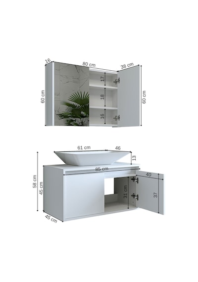 Banos Banyo Roomart Tm7.2 Mat Beyaz Mdf 85 Cm Banyo Dolabı + Ayna Mat Beyaz