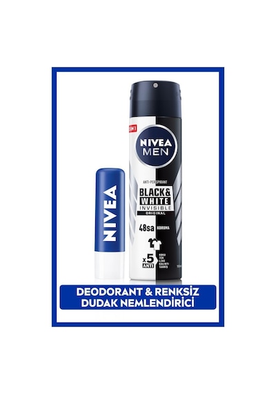 Nivea Black & White Invisible Original Erkek Sprey Deodorant 150 ML + Dudak Bakım Kremi