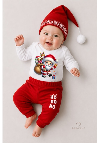 Babyden's Bebek Yılbaşı Noel Kıyafeti 3 Lü Set ,santa Baskılı Uzun Kollu Body, Kırmızı Pantolon,şapka Unisex Kırmızı - Beyaz