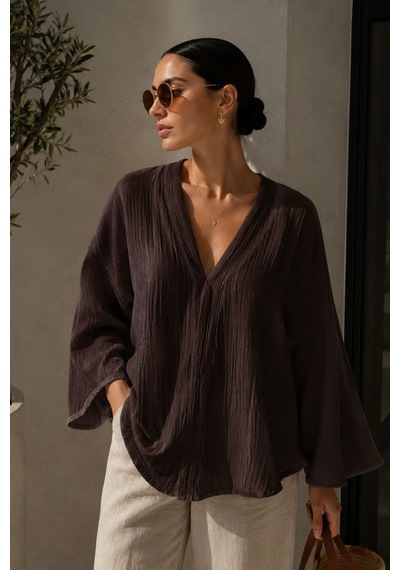 Bbbutikbasic Kadın Müslin Oversize Bluz Salaş Kesim Yazlık Basic Ceket My3535 Kahverengi