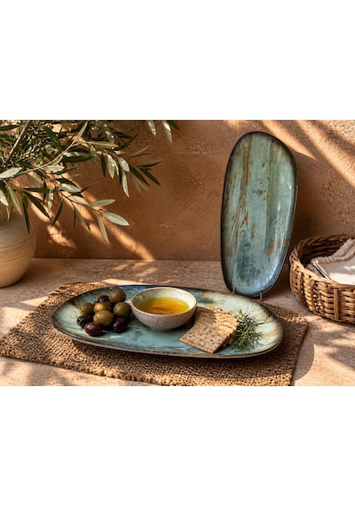 2 Li Büyük Tabak / Servis / Sunum / Meze Tabağı 36 Cm Bonna Madera Mint Vago Platter