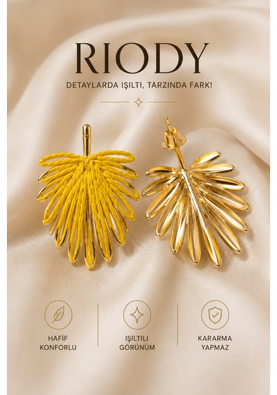 Riody Sarı Gold Yaprak Küpe Kadın Sallantılı Küpe Hafif Şık Günlük Abiye Kombin