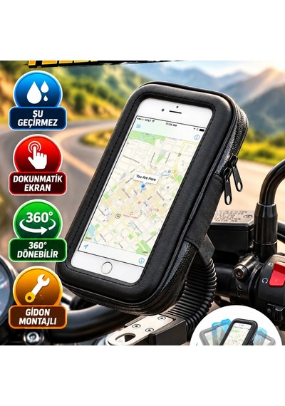 360 Döner Su Geçirmez Motosiklet Telefon Tutucu Dokunmatik Ekranlı Gidon Montajlı