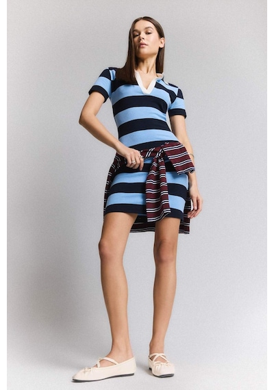 DeFacto Bodycon Vücudu Saran Polo Yaka Çizgili Ribana Kısa Kollu Mini Elbise E5701AX25SPNV251