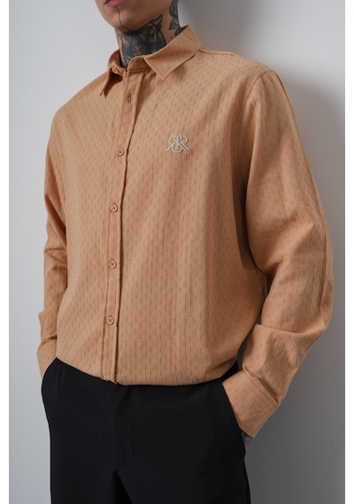 Respire Erkek Star Nakışlı Uzun Kollu Oversize Gömlek Camel
