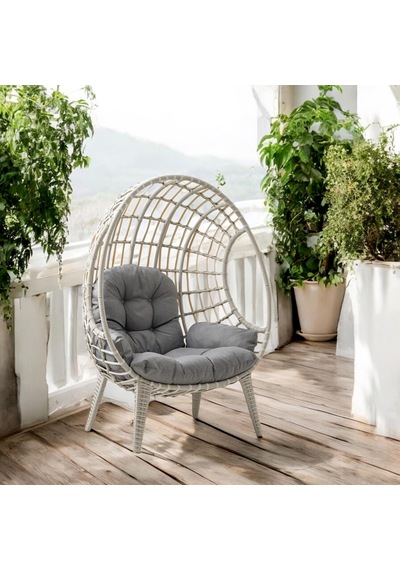Egg Chair Tekli Rattan Bahçe Koluğu Rehome Minderli Oval Lounge Beyaz
