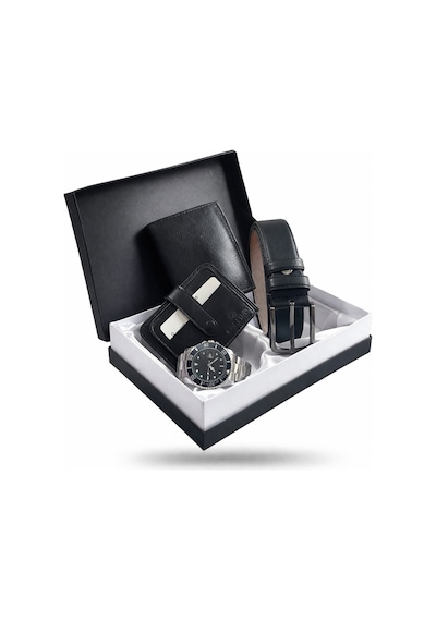 Lüks Exclusive Özel Seri Damat Çeyiz Dikey Cüzdan Kemer Kartlık Ve Metal Spor Saat Çeyiz Kutulu Seti Siyah
