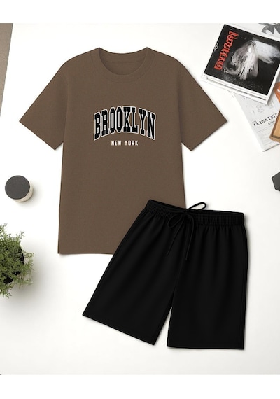 Uyguntarz Unisex Brooklyn Baskılı Tasarım Şort Takım Kahverengi