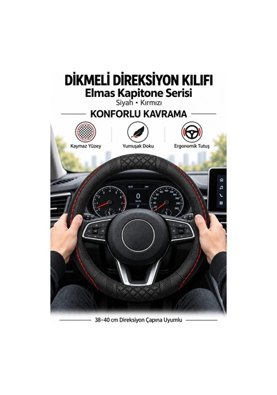 Trobus Peugeot 206 1998-2010 Uyumlu Dikmeli Direksiyon Kılıfı Elmas Kapitone Siyah Kırmızı Siyah - Kırmızı