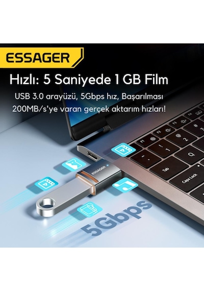 Essager Type-c To Usb Otg Dönüştürücü Adaptör, 5 Gbps Veri Aktarım, Mini Type C Çevirici, Klavye, Mouse Çevirici