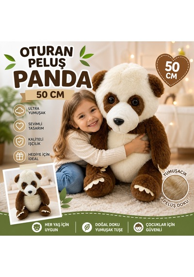 Oyuncak Peluş 50 Cm Oturan Panda Ultra Yumuşak Sevimli Panda Peluş Oyuncak Büyük Boy Kahverengi