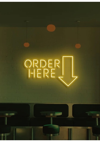Order Here Yazılı Ve Şekilli Neon Tabela Sarı