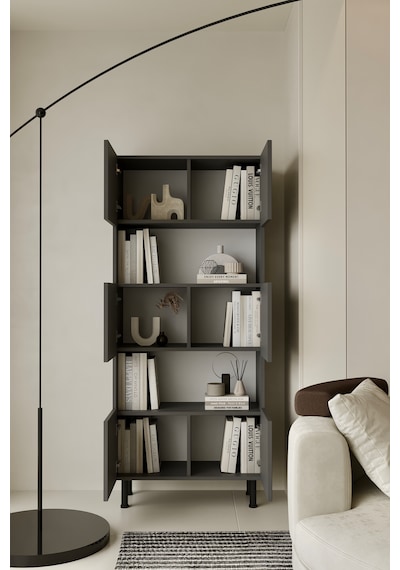 Hitit Kitaplık 175 Cm - Vitrin - Gümüşlük 100% Mdf Metal Ayak Gri