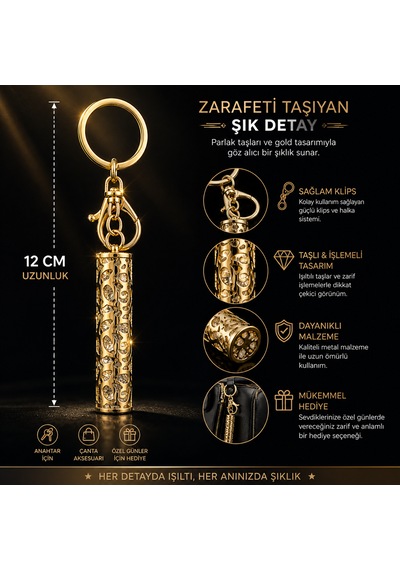 Lüks Taşlı Silindir Anahtarlık Ve Çanta Aksesuarı - Altın Kaplama Premium Hediye Sarı
