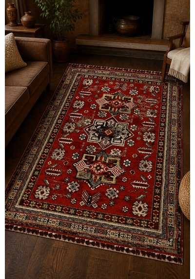 Narhan Nostaljik Kırmızı Saçaklı Kilim Dokulu Robot Süpürgeye Uyumlu Oturma Odası Salon Halısı