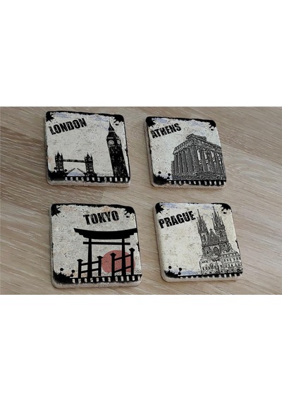 Siyah Beyaz Londra Atina Tokyo Prag Doğal Taş Bardak Altlığı 4'lü Set - Natural Stone Coasters - Taş Beyaz - Siyah
