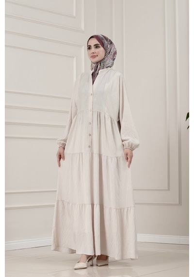 Sevitli Lilyum Kumaş Robalı Katya Elbise-bej-5816
