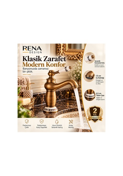 Rena Design Rustik Antik Lavabo Bataryası Banyo Musluğu Eskitme Porselen Işleme Armatür Otantik Bakır Retro Antik Eskitme