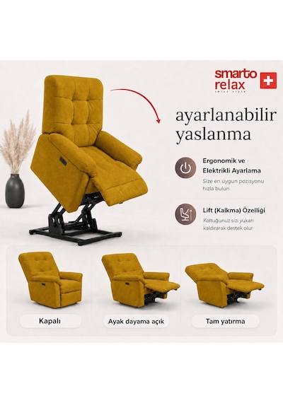 Smarto Relax Porto Liftli Çift Motorlu Elektrikli Ayağa Kalkma Destekli Polyester Hasta Ve Baba Tv Koltuğu Sarı