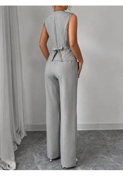 Defymoda Kadın Askılı Önden Düğmeli Bluz Ve Pantolon Keten Ikili Takım Gri