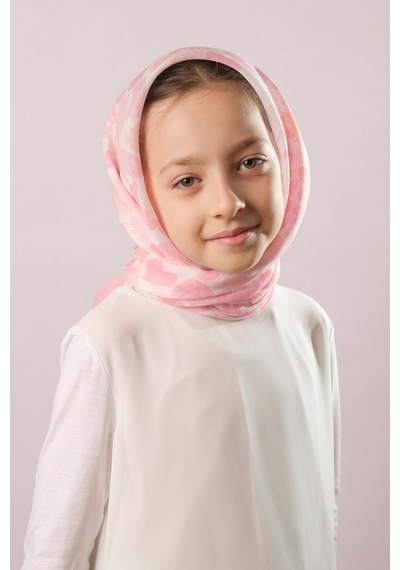 Hürrem Bone Pudra Dijital Baskılı Çocuk Tesettür Eşarp Pamuk Polyester Kalp Desenli 6003 06 Pudra