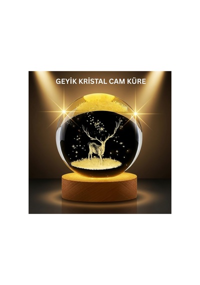 Led Işıklı Geyikli Kristal Küre Ahşap Standlı Modern Dekor Lamba Belirtilmemiş