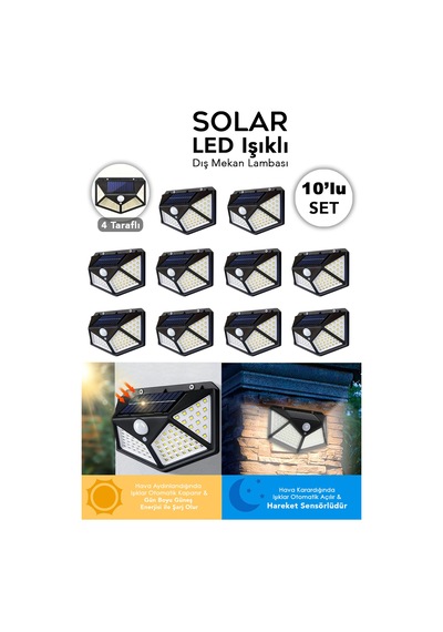 10 Adet Güneş Enerjili Duvar Lambası - Solar 100 Led Işık 3 Modlu Hareket Sensörlü Bahçe Aydınlatma Siyah