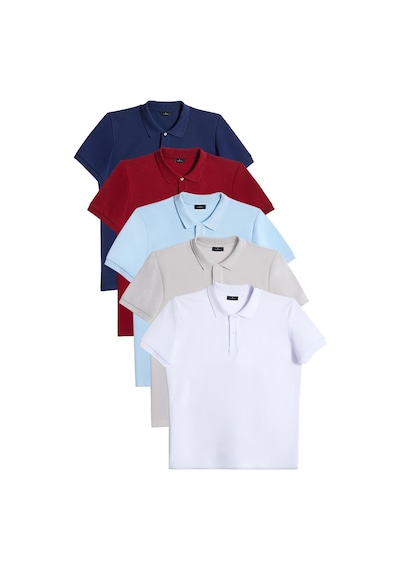 Tudors Erkek 5'li Paket Bordo-gri-lacivert-beyaz-mavi Slim Fit Dar Kesim Pamuklu Düz Pike Polo Yaka Tişört-33027 Bordo