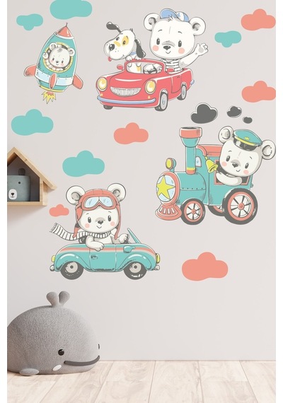 Sevimli Ayıcıklar Ve Araçlar Çocuk Odası Duvar Sticker Seti