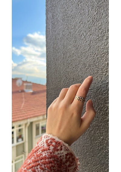 Üç Sıralı Renkli Toplu Kaburga Yüzük Sarı Altın