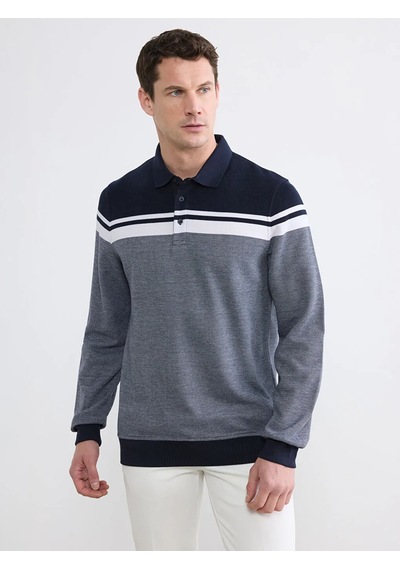 Lc Waikiki Lacivert Polo Yaka Renk Bloklu Erkek Sweatshirt