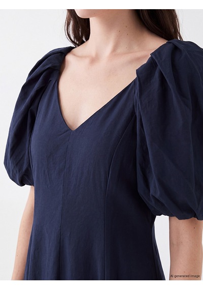 Lcw Comfort Lacivert V Yaka Balon Kollu Kloş Abiye Elbise