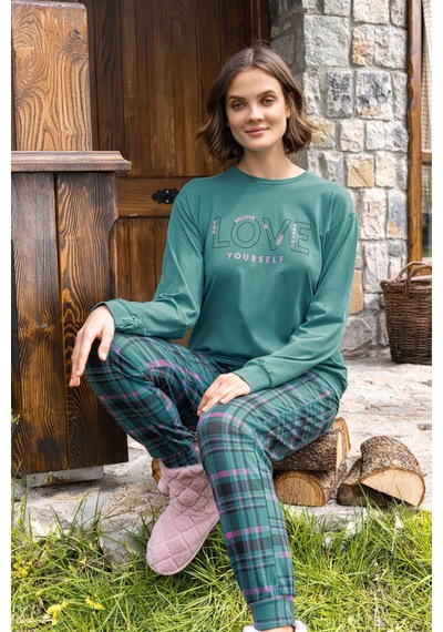 Aydoğan Kadın Pijama Takımı Uzun Kollu Pamuklu Mevsimlik Yeşil