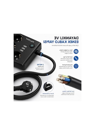 Usb'li Çoklu Priz, 10 Lu Ve 2 Metre Kablo İle Ev Ve Ofis İçin Uygun