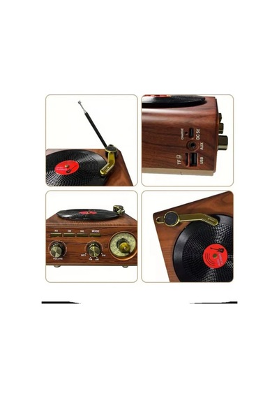 Mini & Midi Müzik Seti Nostaljik Tasarım Plak Çalar Görünümlü Radyolu Bluetooth Hoparlör Retro Müzik Plak